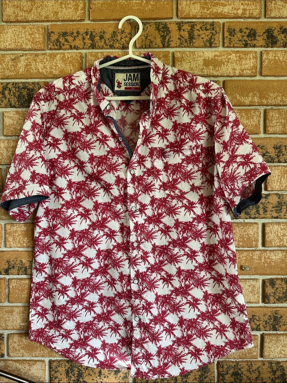 Men’s Red Palm-Print Short Sleeve Button-Down Shirt
